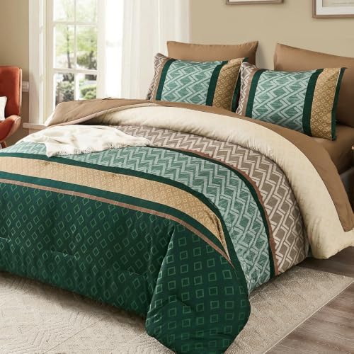 Striped Comforter Set Queen Size,Green and Brown Boho Bed in a Bag