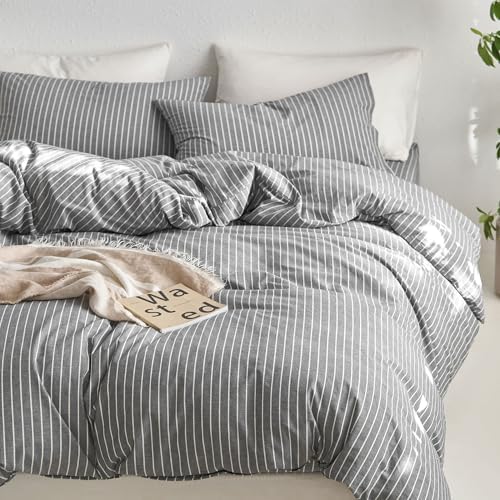 MooMee Striped Duvet Cover Set 100% Washed Cotton Linen Like Cal King