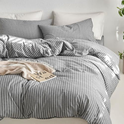 MooMee Striped Duvet Cover Set 100% Washed Cotton Linen Like Cal King