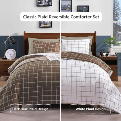 Plaid Full Size Comforter Set Brown 7 Pieces Reversible Bed in a Bag