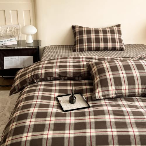 Mucalis Brown Buffalo Plaid Duvet Cover King 100% Washed Cotton Green Red Vintage Checkered Duvet Cover Set Retro 3 Piece Grid Bedding Set with Zipper Closure Corner Ties,Soft,Easy Care