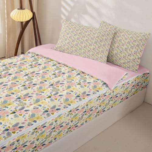Feelyou Vintage Floral Queen Zipper Bedding for Boys, Flower 3-Piece-All-in-one Soft and Sturdy, Botanical Leaf Zip Up Bedding with Deep Fitted Sheet and 2 Pillowcases