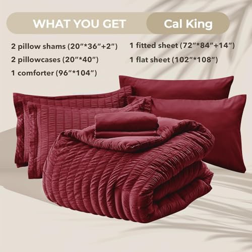 HYMOKEGE Burgundy California King Comforter Set Seersucker 7 Pieces, All Season Luxury Bed in a Bag for Bedroom, Bedding Set with Comforters, Sheets, Pillowcases & Shams