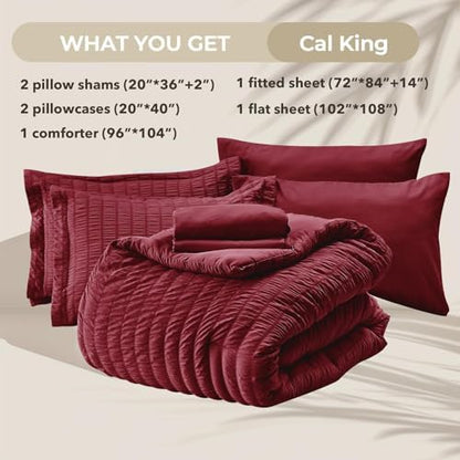HYMOKEGE Burgundy California King Comforter Set Seersucker 7 Pieces, All Season Luxury Bed in a Bag for Bedroom, Bedding Set with Comforters, Sheets, Pillowcases & Shams