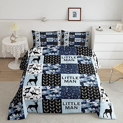 Manfei Camo Deer Antlers Comforter Set Full, Geometric Checks Patchwork Bedding 3pcs for Room Decor, Boho Arrow Animals Quilt Set, Blue Xmas Duvet Insert with 2 Pillowcases (WWS10844GYY-BZ_USf)