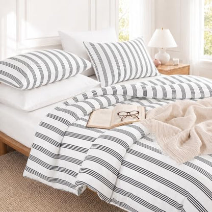 Bedbay Striped Queen Duvet Cover Set, 100% Cotton 300TC Sateen, Black White Stripe Bedding, Soft Smooth Breathable Hotel-Inspired Set, 3 Pieces with Zipper & 8 Corner Ties
