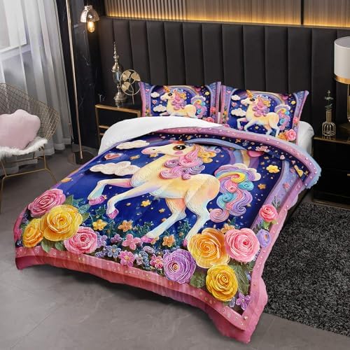 Pink Purple Rainbow Unicorn Flower Comforter Set Full for Kids Girls，Girls Unicorn and Rainbows Bedding Sets Full，with 1 Comforter with 2 Pillow Case，Unicorn Bedroom Decor and Bedding Set