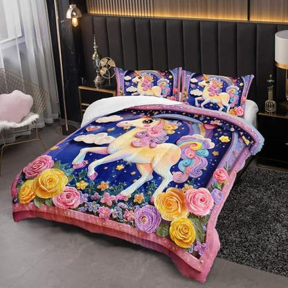 Pink Purple Rainbow Unicorn Flower Comforter Set Full for Kids Girls，Girls Unicorn and Rainbows Bedding Sets Full，with 1 Comforter with 2 Pillow Case，Unicorn Bedroom Decor and Bedding Set