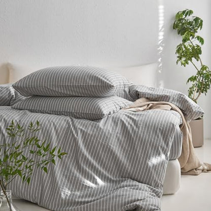 MooMee Striped Duvet Cover Set 100% Washed Cotton Linen Like Queen