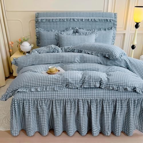 LifeTB Blue Gingham Comforter Set Full Size Ruffle Plaid Grid Bed Comforter Set with 2 Pillowcases Lightweight Gingham Bedding Set Soft Fluffy Farmhouse Plaid Checkered Pattern Comforter Full Size