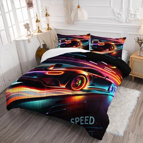 AILONEN 3D Racing Car Comforter Set Full Size, Extreme Sports Theme Bedding for Kids Boys, Modern Race Bed in a Bag, Cool Sports Bedsheets Set, 1 Fitted Sheet 2 Pillowcases