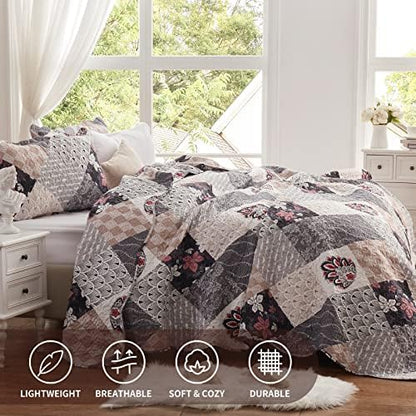King Size Quilt Set 3 Pieces Lightweight Reversible Bedspread-98''x106'' Soft Patchwork Floral Coverlet Luxurious Warm Microfiber Bed Cover All Seasons Gray Bedding Set(1 Quilt,2 Pillow Shams)