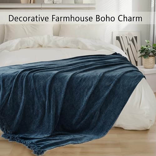 Chenille Throw Blanket for Couch 60" x 80" Twin, Navy Blue