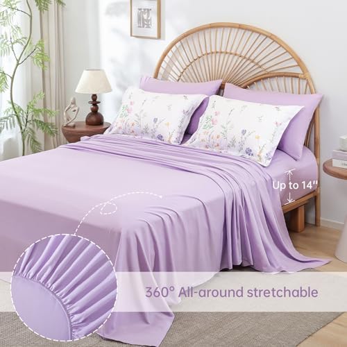 Yiran Floral Comforter Set King Size, Purple 7 Piece Cute Flower Comforters Bed in a Bag Lavender, Soft Microfiber Complete Aesthetic Botanical Bedding Set with Sheets for Women Girls