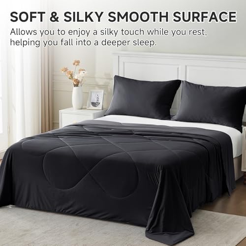 HOMFINE Cooling Comforter Japanese Double-Sided Cold Tech Fabric Cooling Blanket for Night Sweats Hot Sleepers, Q-Max 0.45 Soft Breathable Silky Smooth Lightweight Black Summer Comforter King
