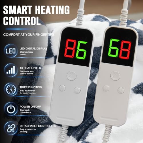Electric Blanket Heated King Size, 90"X100" Dual Control, Navy Blue