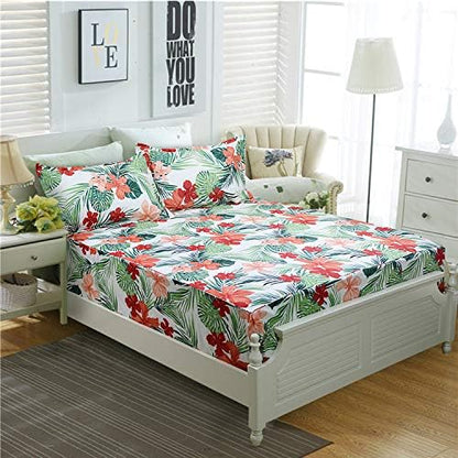 FADFAY Hawaiian Bedding Sheet Set Tropical Red Hibiscus Palm Leaves 100% Cotton Hypoallergenic Deep Pocket Fitted Sheet 4-Pieces Twin XL Size for Dorm Room Bedding