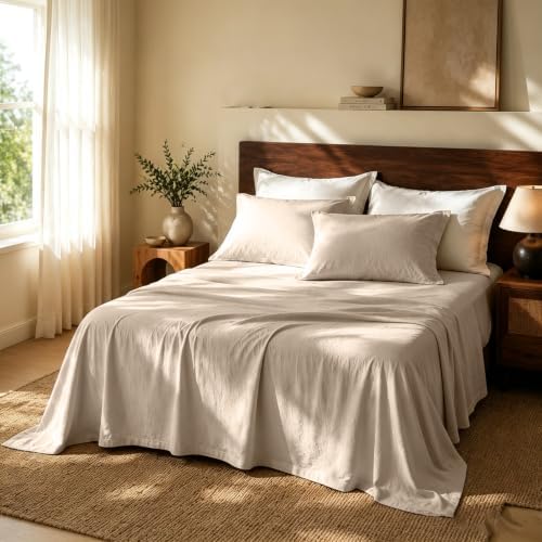 MEISHANG 100% French Linen Sheets California King,4 Pcs,18-24" Deep Pocket