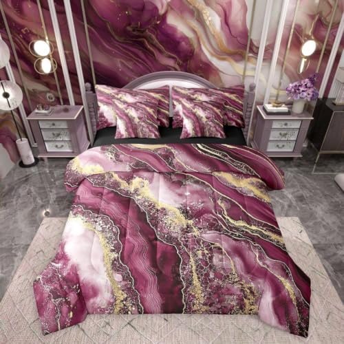 Erosebridal Marble Texture Bedding Set for Kids Teens,Golden Marble Grain Comforter Set Twin Size,Retro Artwork (Comforter+Fitted+Flat Sheet+2 Pillowcases+2 Throw Pillow Covers) 7 Pieces Bed Set