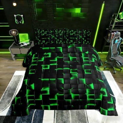 Erosebridal Neon Black Green Boys Comforter Set Twin Size Geometric Checkered Bedding Set for Kids Teen Men Gaming Room Decor,Abstract Ombre Plaid Comforter Grids Quilt Duvet
