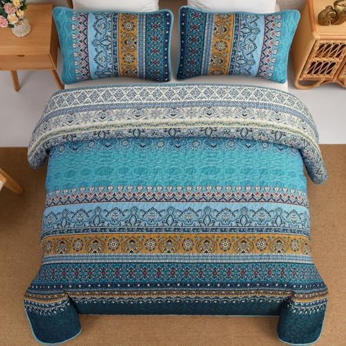 WONGS BEDDING Bohemian Queen Size,3 Pieces Soft Blue Bedspread Set