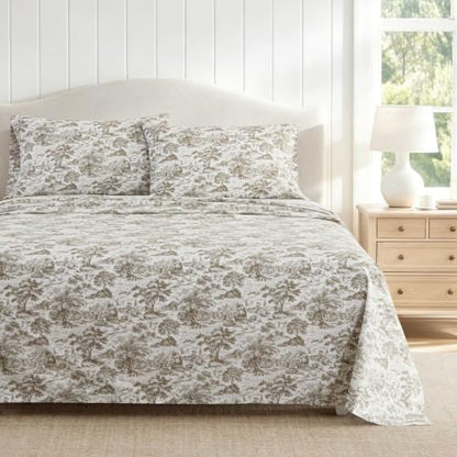 Martha Stewart - King Sheet Set with Fitted Sheet & Pillowcases, Cotton Percale Bedding with a Smooth Feel, Deep Pocket, Amelie Toile Brown