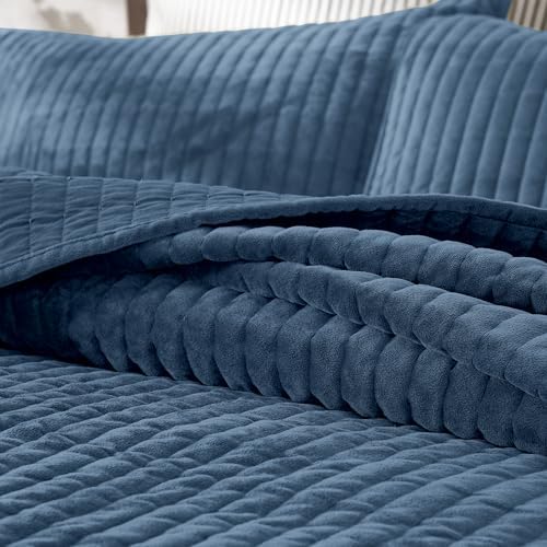 Wonderful - Velvet Quilt Set King Size Dusty Blue Soft Cotton-Feel Plush Coverlet with Shams, Premium Vertical Channel Stitched, Lightweight All-Season Bedspread