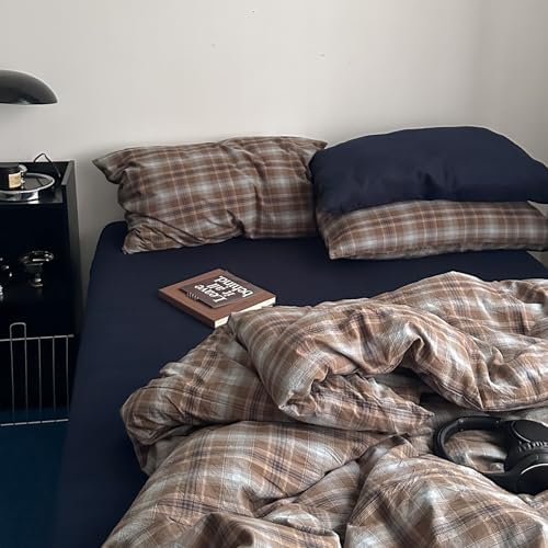 LifeTB Vintage Buffalo Plaid Duvet Cover Queen, Retro Brown&Blue Plaid Checkered Comforter Cover with 2 Pillowcases, 100% Washed Cotton Grid Duvet Cover Breathable Farmhouse Gingham Bedding Set