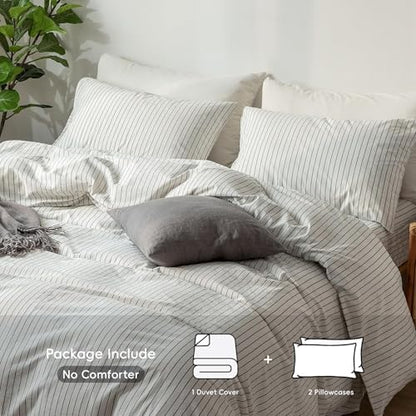 MooMee Striped Duvet Cover Set 100% Washed Cotton Linen Like Full