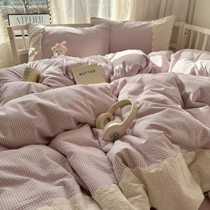 mixinni Purple White Gingham Duvet Cover King Size - 3 Piece Cottagecore Plaid Bedding Set with Lace Trim, Soft Washed Microfiber Vintage Aesthetic Grid Comforter Cover & Pillow Shams
