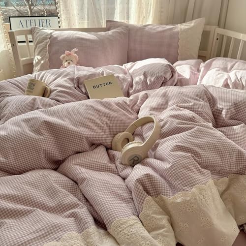 mixinni Purple White Gingham Duvet Cover Twin Size - 3 Piece Cottagecore Plaid Bedding Set with Lace Trim, Soft Washed Microfiber Vintage Aesthetic Grid Comforter Cover & Pillow Shams
