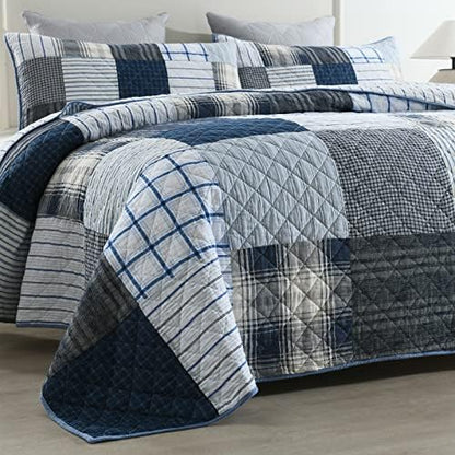 Yvooxny King Quilt Set Bedspread Reversible Plaid Grid Quilted Bedspread 3-Piece Real Patchwork Quilt Bedding Set with Pillowcases for All Seasons, King Size, 108 * 96 Inches