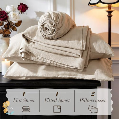 SONORO KATE 100% French Linen Queen Size Sheets Set,Natural Flax Bedding