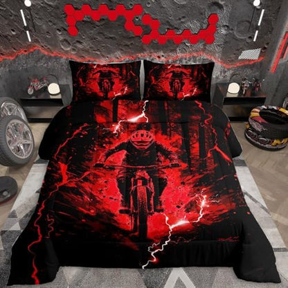 Feelyou Dirt Bike Kids Bedding Set,Boys Girls Toddler Size,Extreme Sports Comforter Set,Motorcycle Ultra Soft Duvet Quilt,Racing Motocross Comforter Motorbike Bedroom Decor Red