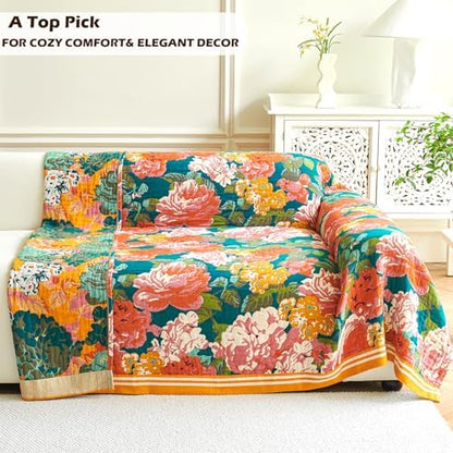 VANJOROY Boho Throw Blanket, 100% Organic Cotton Breathable Ultra Soft 60" x 80" Bed Quilt Throw - All Season Floral Rustic Farmhouse Decor Luxury Reversible Blanket for Sofa Couch Chair and Gift