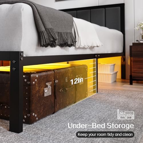 OLEVS Queen Bed Frame with Headboard, Smart LED & Charging Station