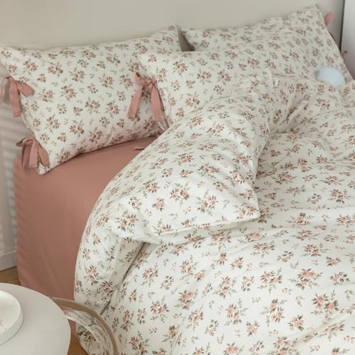 Vintage Garden Floral White Comforter Set Full Pink Flower Green Leaves Bedding Comforter Fluffy Pink Floral Cottagecore Bedding Set with 2 Bow Ties Pillowcases Botanical Comforter Set for All Season