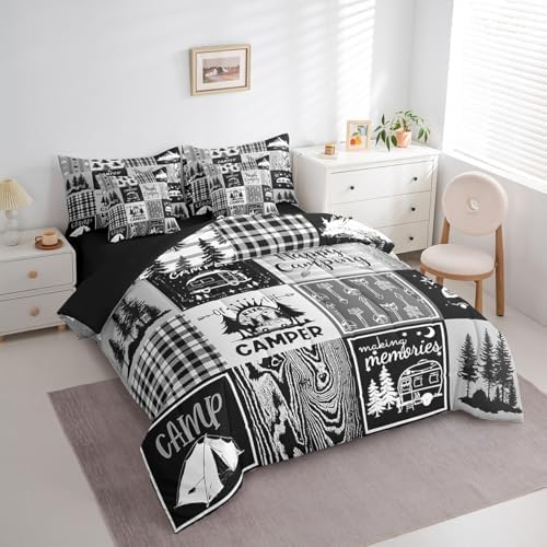 Erosebridal Rv Bedding Sets 7 Piece Plaid Camper Bed in A Bag Full Rustic Farmhouse Camping Bunk Comforter Set Camper Accessories for Travel Trailers,Woodland Travel Bed Set for Kids Boys Men