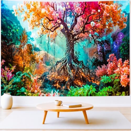 Delur Forest Tapestry Tree of Life Fantasy Tropical Rainforest Tapestry Wall Hanging Colorful Nature Mystical Landscape Psychedelic Spiritual Headboard for Bedroom Living Room Home Decor (51.2" x 59.1")