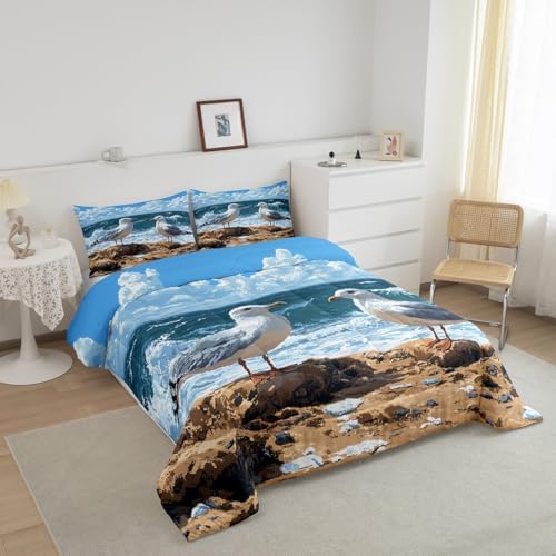 Homewish Cute Seagull Comforter Set King Size,Ocean Animals Bedding Set 3Pcs,Beach Coastal Quilt Set for Kids Boys Girls Teens Room Decor,Sea Blue Oil Painting Art Duvet Insert,2 Pillowcases
