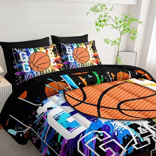 7Pcs Basketball Comforter Set Ball Sports Printed Bedding Set with 1 Comforter, 1 Flat Sheet, 1 Fitted Sheet and 4 Pillowcases for Boys and Girls Bedroom All Season(Basketball-3 Full