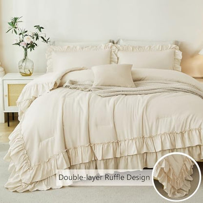 ANGIYUIN 5Pcs Beige Ruffled Comforter Set Queen Double-Layer Ruffle Bedding Comforter Set for Women Girls Fluffy Shabby Chic Bed in a Bag with Sheets(Beige Queen)