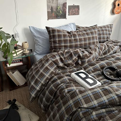 mixinni Vintage Blue & Brown Buffalo Plaid Comforter Set Queen Size - 3-Piece Washed Cotton Soft Geometric Checkered Pattern Bedding Set for All-Seasons Lightweight & Breathable-Queen Size