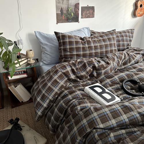 mixinni Vintage Blue & Brown Buffalo Plaid Comforter Set Twin XL Size - 3-Piece Washed Cotton Soft Geometric Checkered Pattern Bedding Set for All-Seasons Lightweight & Breathable-Twin XL Size