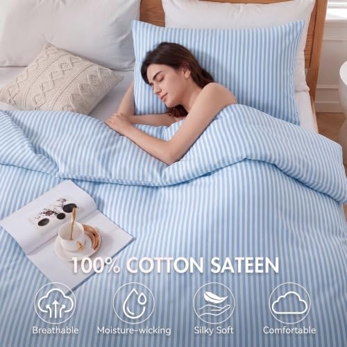 Bedbay Blue Striped Queen Duvet Cover Set, 100% Cotton 300TC Sateen, Light Blue Fine Stripe Bedding, Soft Smooth Breathable Coastal Sateen Set, 3 Pieces