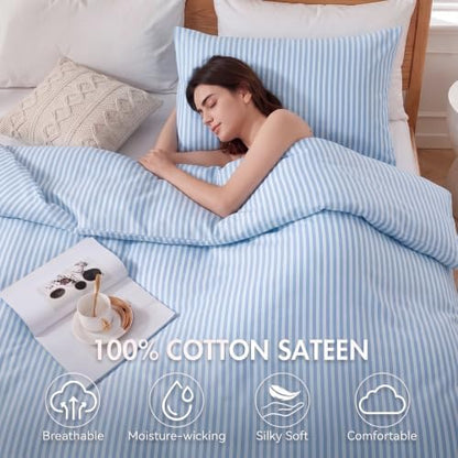 Bedbay Blue Striped Queen Duvet Cover Set, 100% Cotton 300TC Sateen, Light Blue Fine Stripe Bedding, Soft Smooth Breathable Coastal Sateen Set, 3 Pieces
