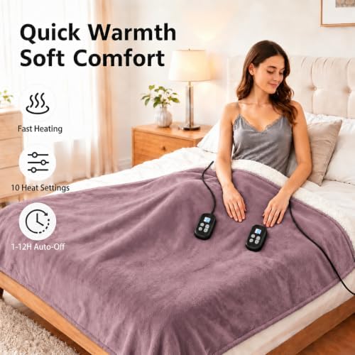 Electric Heated Blanket King Size 90" x 100", Soft Flannel for Bed, Couples, 10 Heat Settings, 1-12H Auto Shut Off, Dual Zone Controls, Overheat Protection, Machine Washable, Purple
