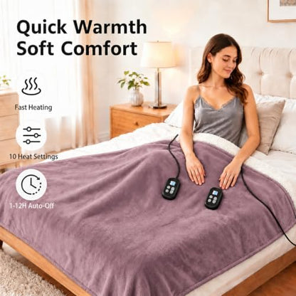 Electric Heated Blanket King Size 90" x 100", Soft Flannel for Bed, Couples, 10 Heat Settings, 1-12H Auto Shut Off, Dual Zone Controls, Overheat Protection, Machine Washable, Purple