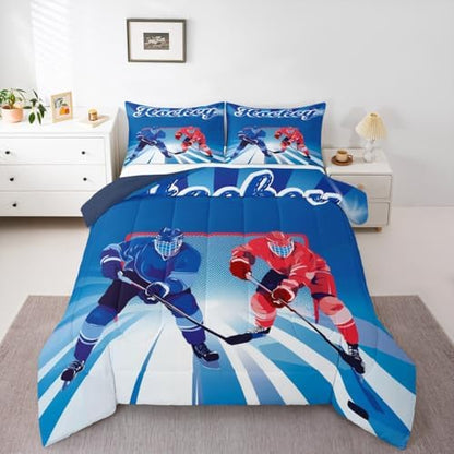 Homewish Hockey King Size Comforter Set,Kids Ice Hockey Player Decor All Season Bedding Set,Teens Sports Gaming Comforter,Girls Blue and Red Decor Quilt Set Bedroom Collection 3Pcs