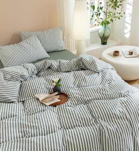 JIYUAN Super King Washed Cotton Duvet Cover Set, Linen-Like Stripe